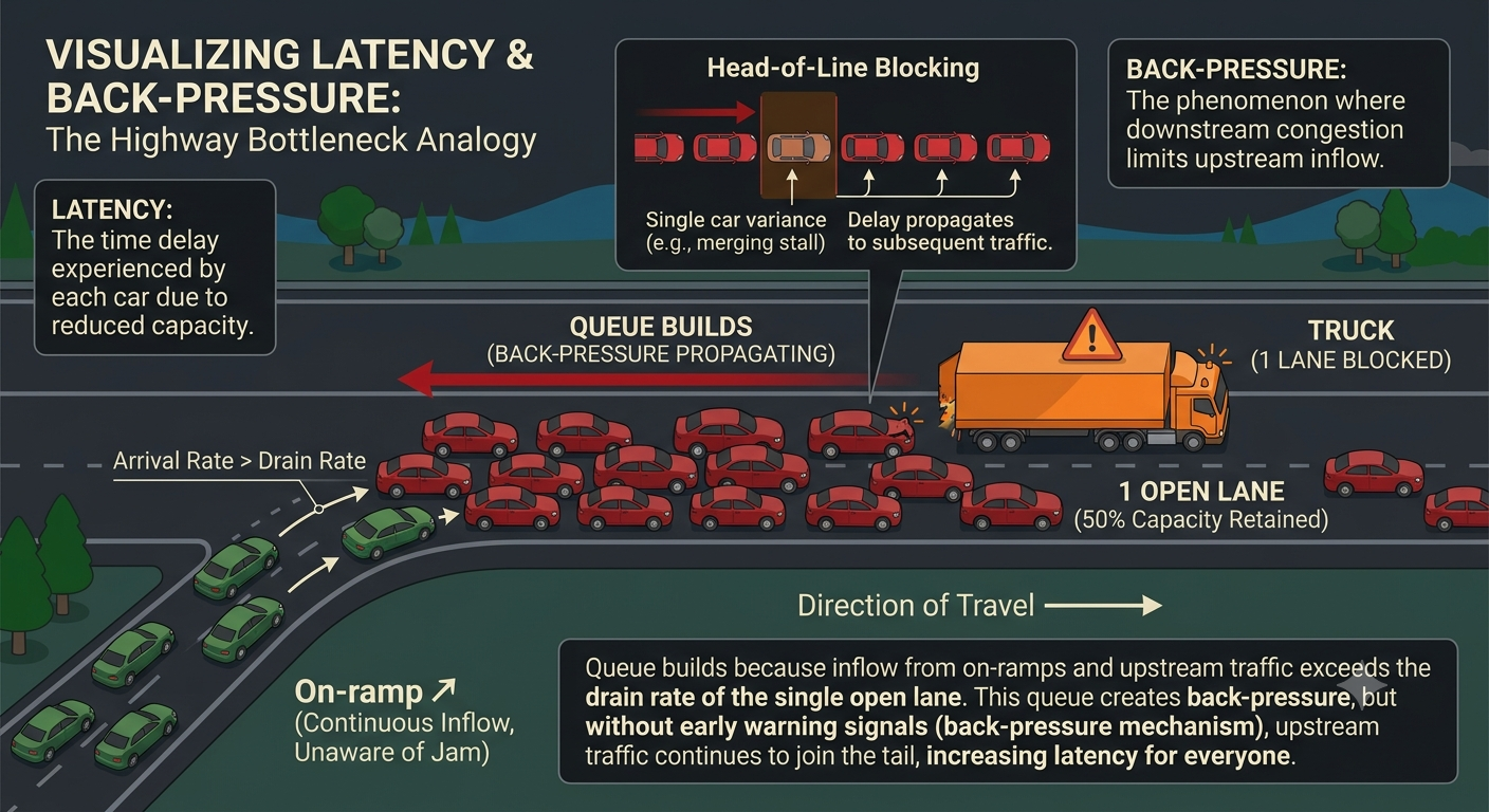 Infographic illustrating 2-lane highway shifting back-pressure immediately.