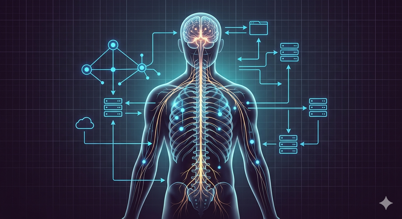 The Biological Blueprint header visualization fusing human anatomy with software architecture diagrams.