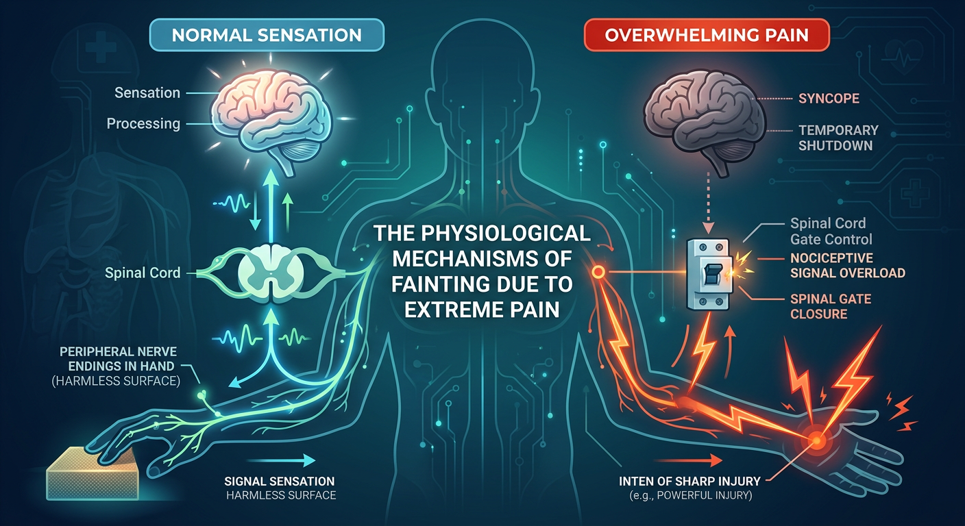 Dramatic close-up visualization of the spinal cord and brain stem encountering acute pain signals (red lightning), triggering an open circuit breaker icon (tripped), causing the brain to go dim (shock state) to protect the core.