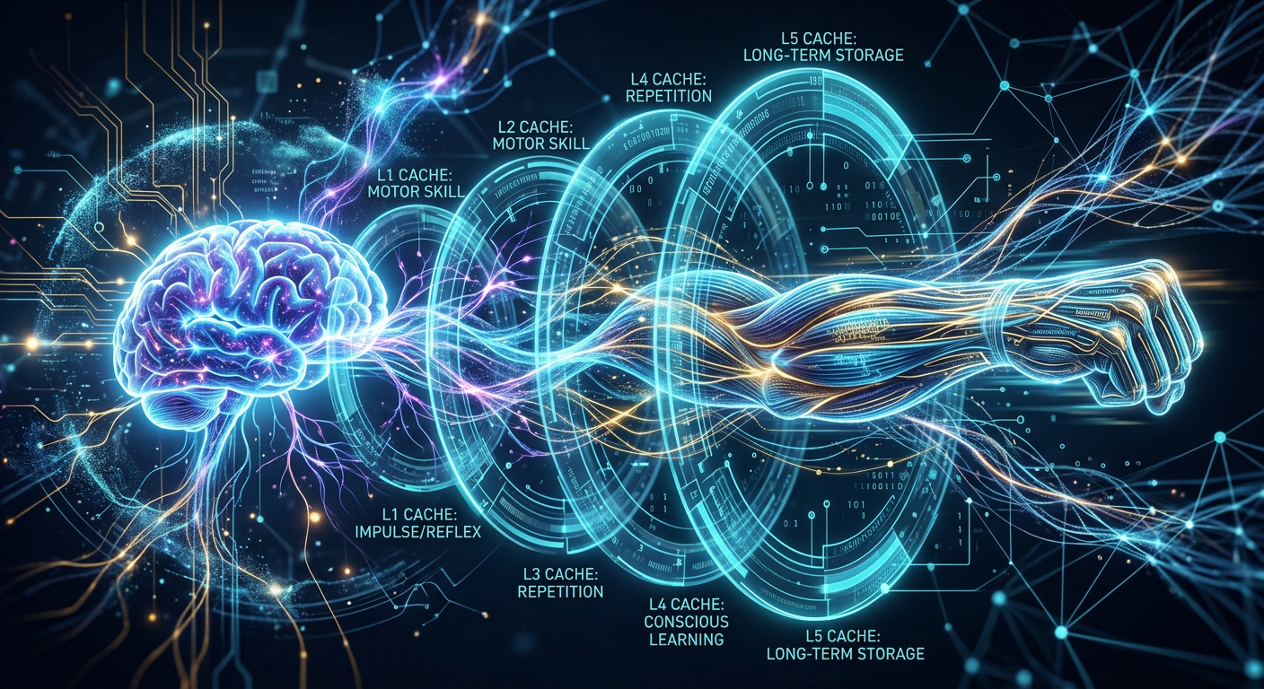 Infographic illustrating human subconscious muscle memory as a multi-layered cache, offloading routine tasks from the conscious brain.