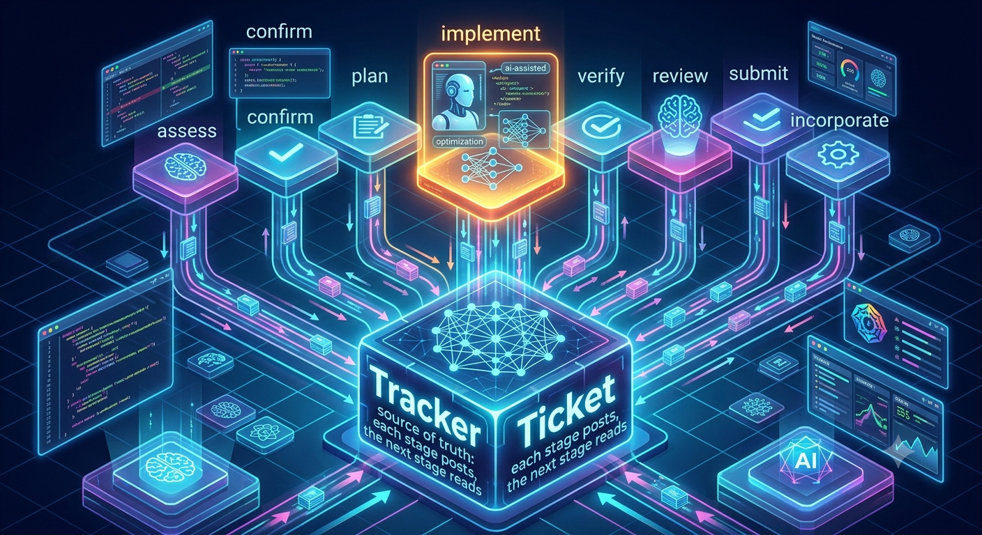 Eight workflow stages, each posting a record to and reading from the tracker ticket