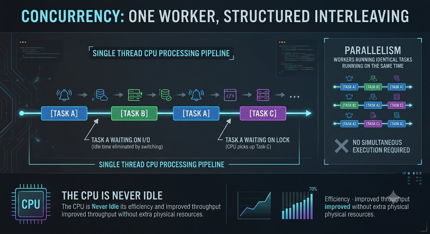 Infographic illustrating Concurrency — one worker, structured interleaving.
