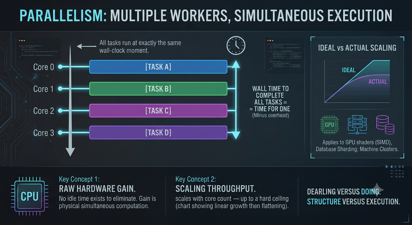 Infographic illustrating Parallelism — multiple workers, simultaneous execution.
